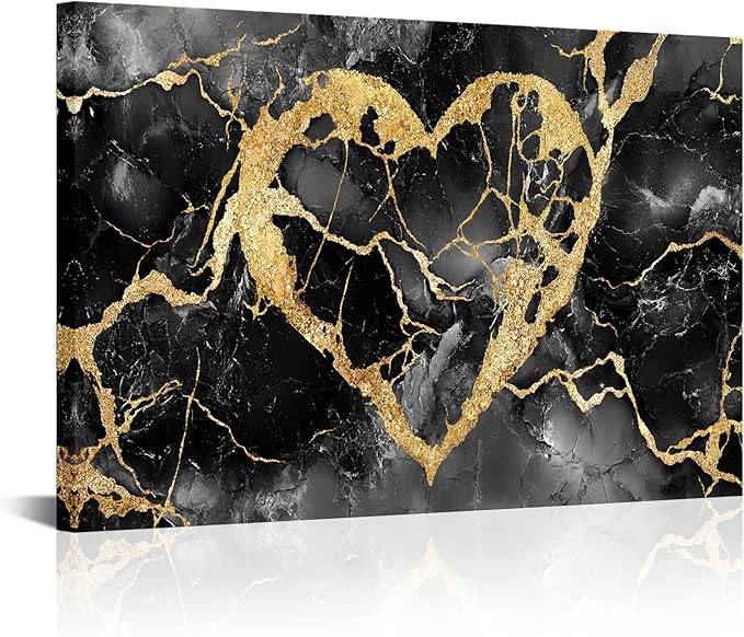 HOMEOART Black and Gold Wall Decor Love Wall Art Gold Heart Picture Marble Print, Living Room Bedroom Love Sign Gothic Decoration, Framed Ready to Hang 24x48inch