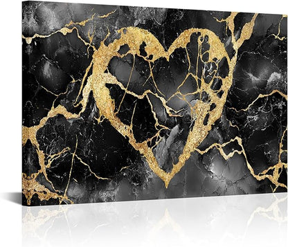 HOMEOART Black and Gold Wall Decor Love Wall Art Gold Heart Picture Marble Print, Living Room Bedroom Love Sign Gothic Decoration, Framed Ready to Hang 24x48inch