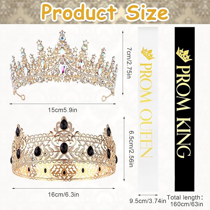 4 Pcs Gold King Crown Tiara Crowns for Men Women Prom King and Queen Crowns with Satin Sash Rhinestone Crystal Crown Queen Tiara Sash for Wedding Graduation Birthday Party Halloween