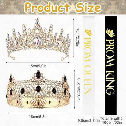 4 Pcs Gold King Crown Tiara Crowns for Men Women Prom King and Queen Crowns with Satin Sash Rhinestone Crystal Crown Queen Tiara Sash for Wedding Graduation Birthday Party Halloween