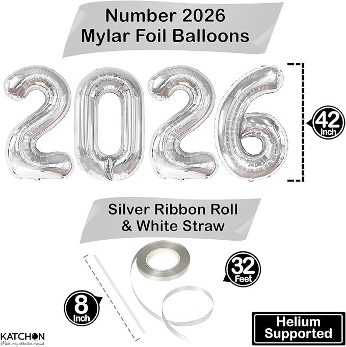 Katchon, Giant 42 Inch - 2026 Balloons Silver - Happy New Year Decorations 2026 | New Year 2026 Balloons, Silver Happy New Year Party Decorations | 2026 silver Balloons