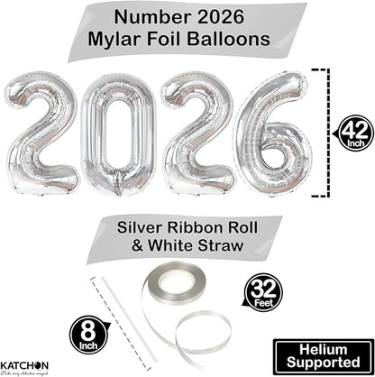 Katchon, Giant 42 Inch - 2026 Balloons Silver - Happy New Year Decorations 2026 | New Year 2026 Balloons, Silver Happy New Year Party Decorations | 2026 silver Balloons