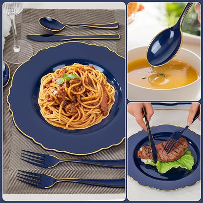 WDF 180PCS Blue Plastic Silverware -Blue and Gold Plastic Cutlery 60 Forks, 60 Knives, 60 Spoons - Heavy Duty Disposable Silverware for Party/Wedding/Hanukkah