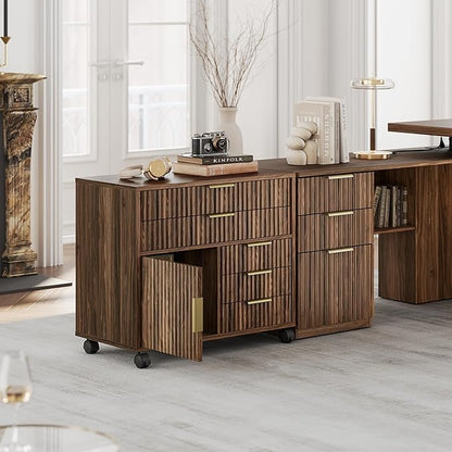 Fluted File Cabinet with 5 Drawers, Large Storage with Cabinet Door, Mobile Filing Cabinet with Locable Wheels for Home Office, Black Walnut