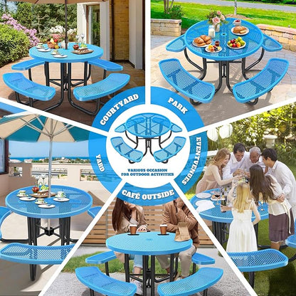 47'' Heavy-Duty Metal Picnic Tables with Umbrella Hole, Outdoor Steel Heavy Duty Commercial Grade Black Table, Outdoor Bench Set for Lawn, Patio, Park, Yard, Garden, Porch (Set C, Round)
