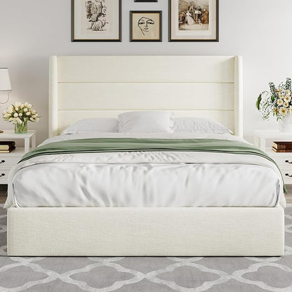Allewie Full Size Lift Up Storage Bed, Chenille Fabric Upholstered, Modern Wingback Headboard, Hydraulic Support, No Box Spring Needed, Cream White