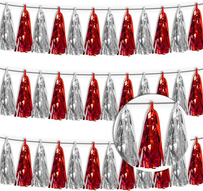 3P Red Silver Tassel Banner Garland Metallic Foil Fringe Banner Tinsel Tassels Streamer Banner Backdrop for Parade Floats, 2025 Graduation Decorations, Father's Day, Wedding Party Decoration