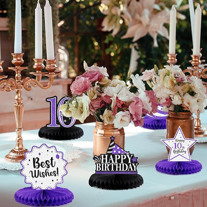 Happy 10th Birthday Decorations,10th Birthday Purple Glitter Shiny Stand Honeycomb Table Centerpieces - Cheers to Ten Years Old Birthday Party Photoprop Gift Sign.