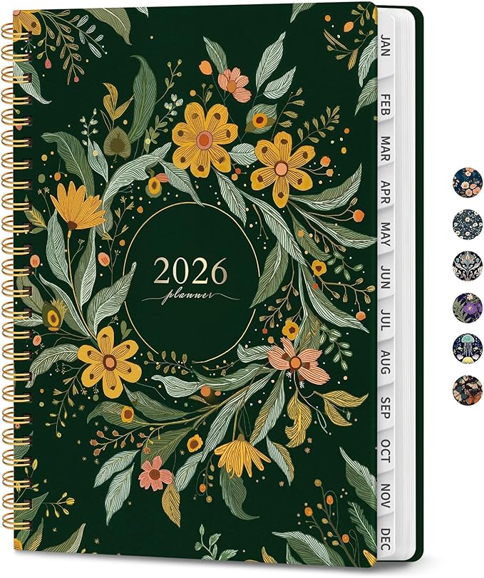 2026 Planner, Weekly and Monthly Planner for Women, Jan 2026 - Dec 2026 Pretty 2026 Calendar Planner with Monthly Tabs, Inner Pocket, Spiral Binding, Perfect for Office Home School - 6.3" x 8.5", Golden Wreath