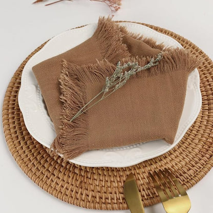 Handmade Cloth Napkins with Fringe,18 x 18 Inches Cotton Linen Napkins Set of 4 Versatile Handmade Square Rustic Fringe Napkins for Dinner, Wedding and Parties, Taupe