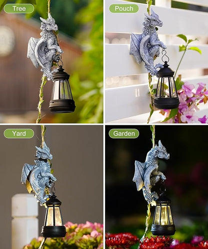 Nacome Dragon Outdoor Statues for Garden: Outside Hanging Climbing Sculptures with Lantern Decor for Yard Art Porch Balcony - Christmas Birthday Gifts for Grandma Mom Women