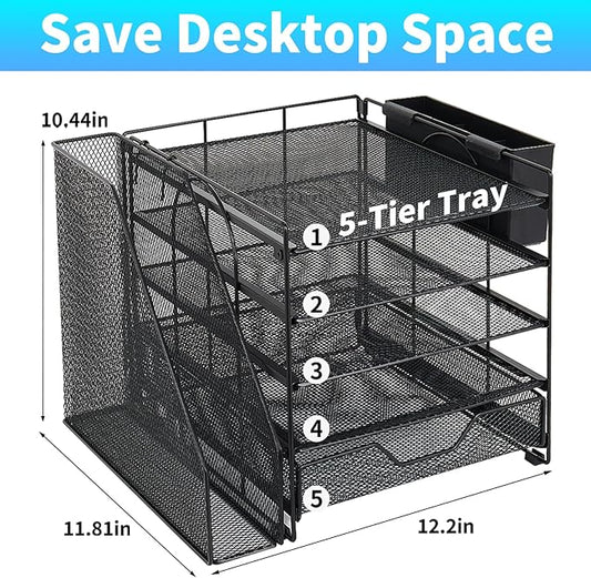 Desk Organizer, 5-Tier Paper Letter Tray Organizer with File Holder, Drawer and Pen Holder, Desktop Organizer for Office Supplies, Black