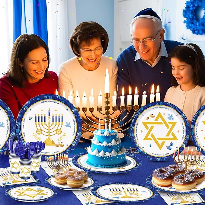 168pcs Hanukkah Party Supplies Include Plates Napkins Cups Forks for Hanukkah Deco Paper Disposable Party Tableware Set Serve 24 Guests