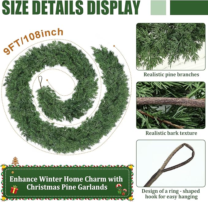 9 FT Christmas Cedar Garland - Thick Real Touch Pine Garland - Realistic Cypress Garlands Christmas Decorations for Mantel Table Stairs Porch - Outdoor Indoor Xmas Holiday Decor