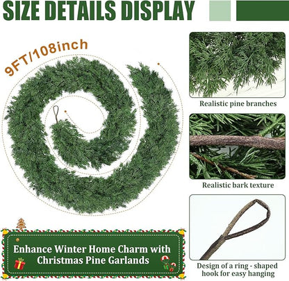 9 FT Christmas Cedar Garland - Thick Real Touch Pine Garland - Realistic Cypress Garlands Christmas Decorations for Mantel Table Stairs Porch - Outdoor Indoor Xmas Holiday Decor