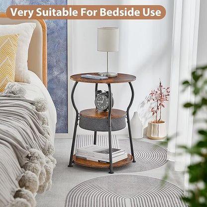 Small Round Side Table with Storage Bag, 3-Tier Accent Round End Table with Storage Shelves for Living Room, 21.6" H Vintage Small Corner Table for Smalls Spaces (D - 15.8 in Rustic Brown)