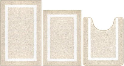 Pauwer Bathroom Rugs Sets 3 Piece Bathroom Shower Rugs with U-Shaped Contour Toilet Mat Absorbent Microfiber Plush Bath Mats Non Slip Bath Rugs Machine Washable Shaggy Bath Floor Mats, Light Beige