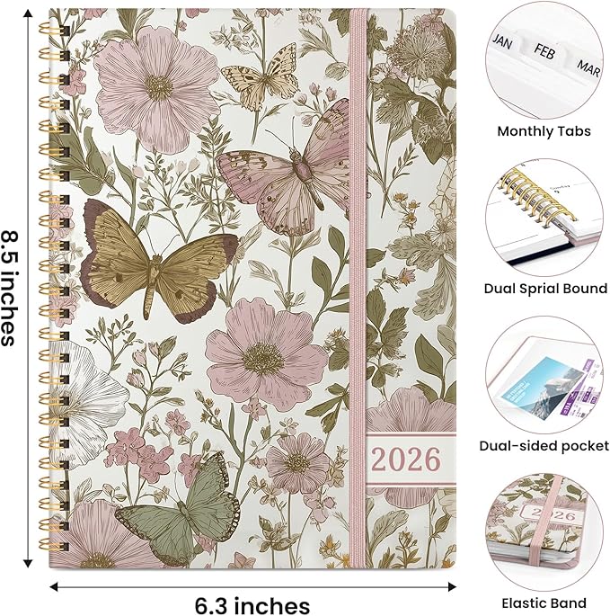 2026 Planner, Weekly and Monthly Planner for Women, Jan 2026 - Dec 2026 Pretty 2026 Calendar Planner with Monthly Tabs, Inner Pocket, Spiral Binding, Perfect for Office Home School - 6.3" x 8.5", Pastel Floral