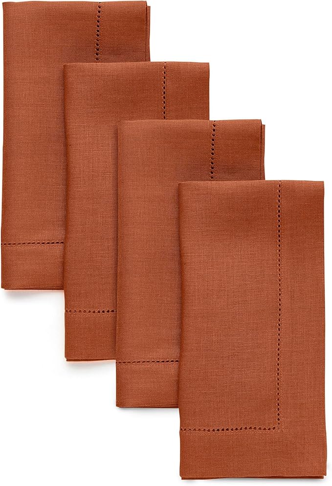 Solino Home Linen Napkins Set of 4 - Classic Hemstitch 100% Pure Linen Cinnamon Dinner Napkins Cloth 20 x 20 Inch for Fall, Autumn, Winter - Handcrafted and Machine Washable
