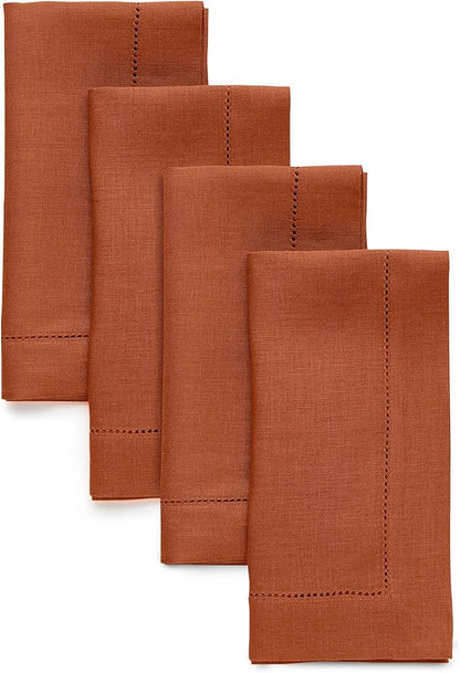 Solino Home Linen Napkins Set of 4 - Classic Hemstitch 100% Pure Linen Cinnamon Dinner Napkins Cloth 20 x 20 Inch for Fall, Autumn, Winter - Handcrafted and Machine Washable