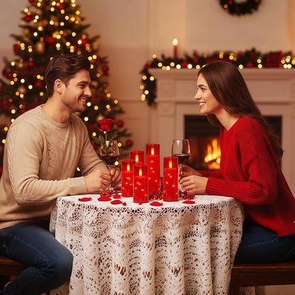Raycare Flameless Candle with Remote Timer – 9 Flickering Acrylic Battery Operated LED Pillar Candles with Embedded Star String for Christmas, Home Decor, and as a Gift (Red)