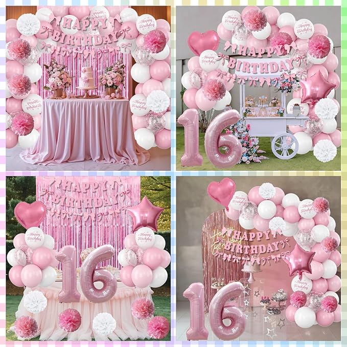 16th Birthday Decorations for Girls Pink Number 16 Balloon Bow Coquette Happy Birthday Banner Fringe Curtain Paper Pom Poms Star Heart Foil Pink White Balloons 16 Year Old Party Decor for Her