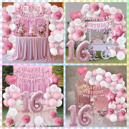 16th Birthday Decorations for Girls Pink Number 16 Balloon Bow Coquette Happy Birthday Banner Fringe Curtain Paper Pom Poms Star Heart Foil Pink White Balloons 16 Year Old Party Decor for Her