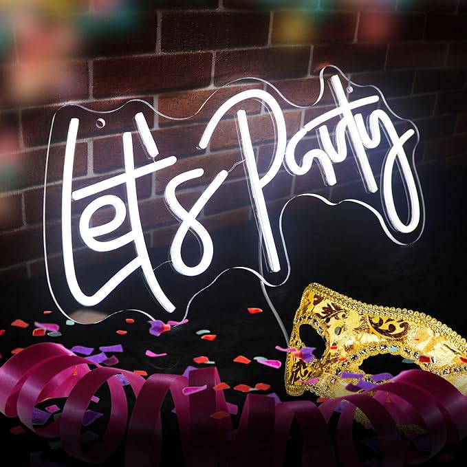 Let's Party Neon Sign for Wall Decor Led Neon Lights for Teen Bedroom Decor Art Light Up Letters LED Neon Signs for All Party Decorations US 5v 21.7×10.4 Inch (White)