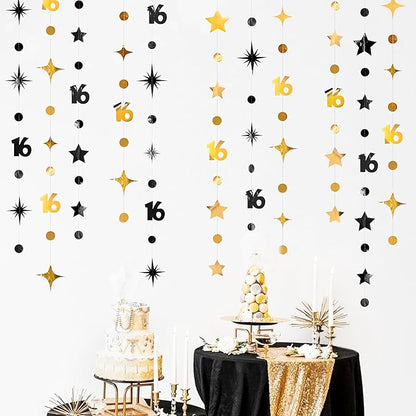 Black Gold 16th Birthday Decorations Number 16 Circle Dot Twinkle Star Garland Streamer Banner Backdrop for Girls Boys Happy 16th Birthday Sweet Sixteen Anniversary Cheers to 16 Years Party Decor