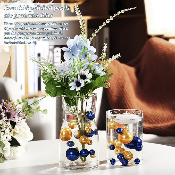 Hicarer 120 Pieces Pearl for Vase Filler Pearl Bead Vase Centerpieces Brush Holder Assorted Round Faux Bead for Crafting, Home Wedding Table Decor 14/20/30 mm(Navy Blue, Gold)