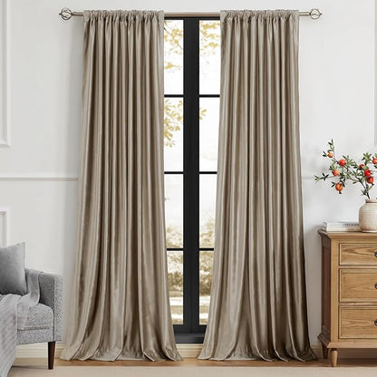 PRIMROSE Taupe Curtains 72 inch for Living Room,2 Panels Velvet Drapes Blackout Rod Pocket Back Tab Window Treatment Room Darkening Decorative Thick Curtains for Bedroom