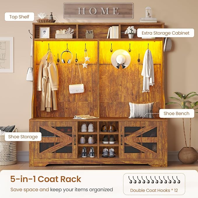 Itaar Hall Tree with Bench and Shoe Storage, 5-in-1 Entryway Bench with Coat Rack, 16 Shoe Cubbies & 12 Coat Hooks, Barn Door & Adjustable Shelf (Rustic Brown)