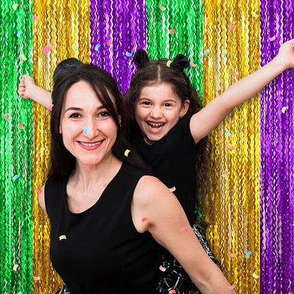 4 Pack Gold Green Purple Fringe Curtain Backdrop 3.2Ft x 8.2Ft Metallic Tinsel Foil Fringe Streamers Background for Photo Booth Mother's Day, Easter, Carnival, Birthday, Wedding Party Decoration