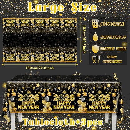 HAKOTI 3Pcs New Year Eve Tablecloth - Happy New Year Party Decorations 2026 Black Gold New Years Tablecloth Rectangular Plastic Table Cover for Cheers to 2026 New Years Eve Party