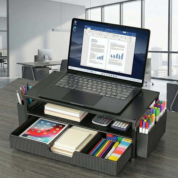 Desk Organizer and Accessories, 2-Tier Computer Monitor Stand Rise with Storage Drawer & 2 Pen Holders, Laptop & Printer Stand for Desktop, Workspace Organizers for Office Supplies (Black 2-Pack))