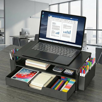Desk Organizer and Accessories, 2-Tier Computer Monitor Stand Rise with Storage Drawer & 2 Pen Holders, Laptop & Printer Stand for Desktop, Workspace Organizers for Office Supplies (Black 2-Pack))