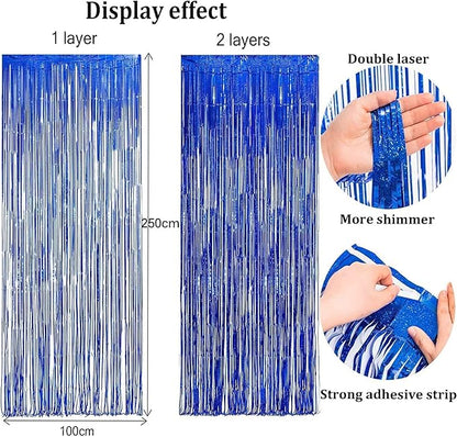 Foil Fringe Curtain Party Decorations - Black Blue Metallic Tinsel Photo Booth Backdrop Party Steamers Curtains for Birthdays Christmas New Years Homecoming Decoration