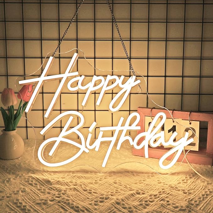 Neon Sign, Happy Birthday Neon Signs for Wall Decor Warm White LED Neon Light Up Signs Home Decor for Birthay Business Club Party Bars Shop Decoration USB Operated