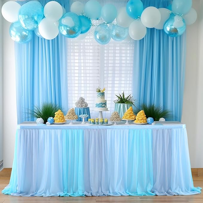 Tulle Table Skirt Blue Tutu Striped Table Skirts for Rectangle Tables Baby Shower Under the Sea Baby Shark Birthday Parties Decoration 14ft