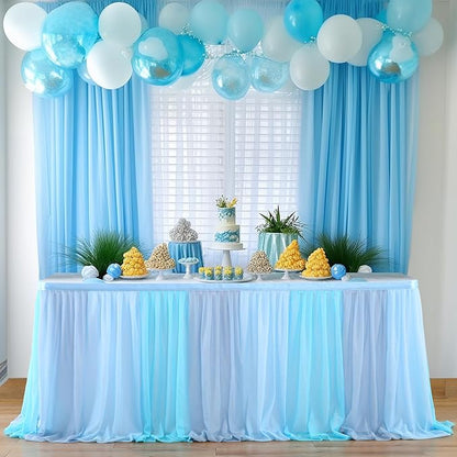 Tulle Table Skirt Blue Tutu Striped Table Skirts for Rectangle Tables Baby Shower Under the Sea Baby Shark Birthday Parties Decoration 14ft