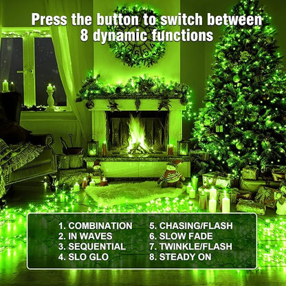 Nisocy 66FT 200 LED Green String Lights with Green Wire, Waterproof Christmas Tree Fairy Lights with 8 Modes, Indoor Outdoor Seasonal Decorative Lighting for Holiday, Party, Garden
