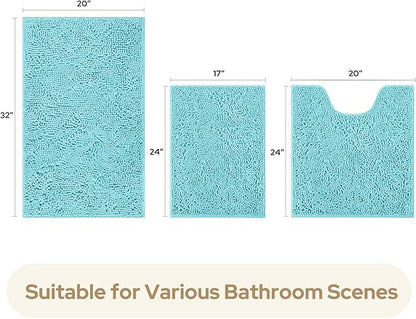 HOMEIDEAS 3 Pieces Bathroom Rugs, Ultra Soft Non Slip Absorbent Chenille Toilet Bath Mat Set (Aqua Blue)