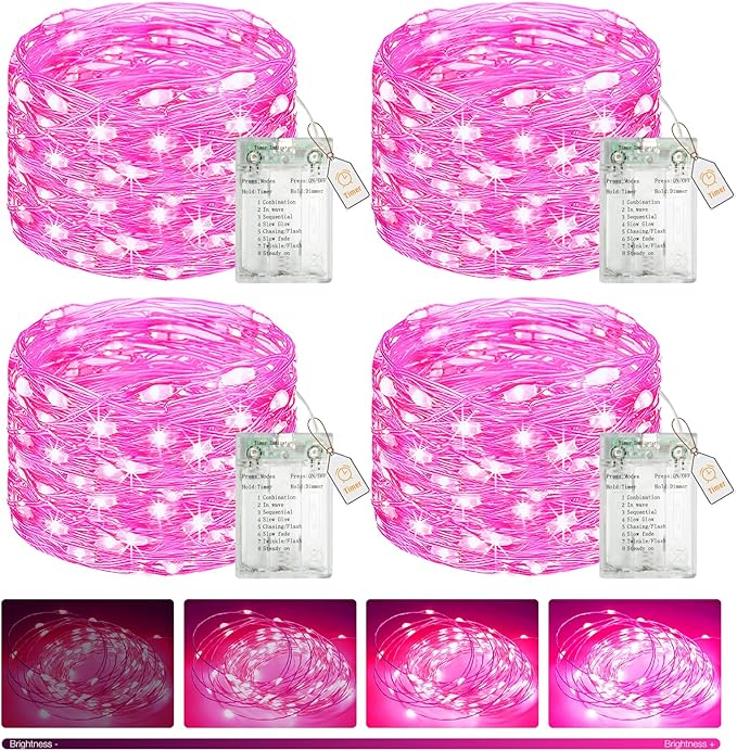 btfarm 4 Pack Fairy Lights Battery Operated with Timer, 16.4 FT 50 LED Silver Wire Twinkle String Lights 8 Modes Dimmable Waterproof for Indoor Christmas Bedroom Wedding Decorations, Pink