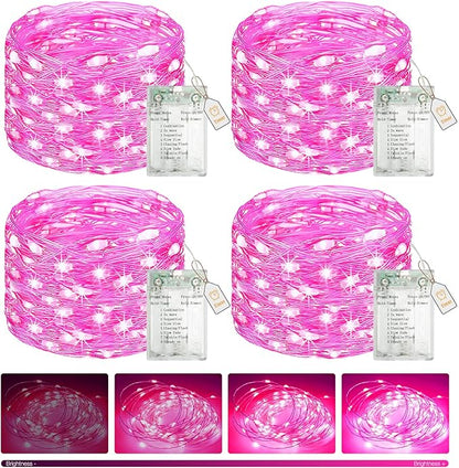 btfarm 4 Pack Fairy Lights Battery Operated with Timer, 16.4 FT 50 LED Silver Wire Twinkle String Lights 8 Modes Dimmable Waterproof for Indoor Christmas Bedroom Wedding Decorations, Pink