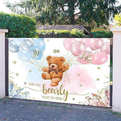 6x3.6ft Gender Reveal Backdrop Baby Bear Boy or Girl Photography Background Baby Shower Party Blue and Pink Banner Decorations Supplies Photo Booth Props