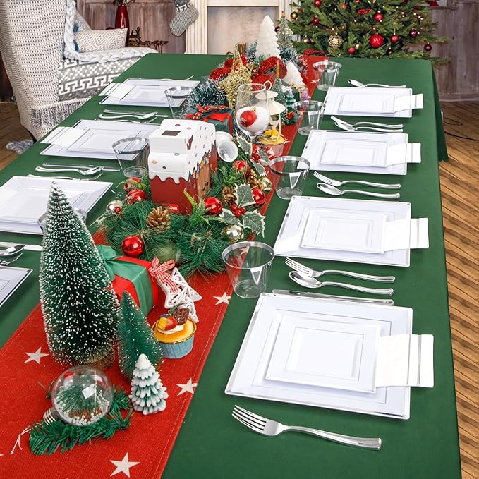 Festiva 350Pcs Silver Plates - Silver Square Plastic Plates 9 .5" and 6" - serve for 50 guests include 50 Cups 50Plastic Cutlery 50Hand Napkins Perfect for Party&Wedding&Birthday&Christmas