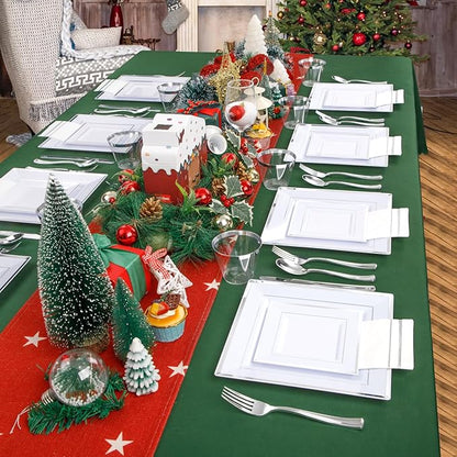 Festiva 350Pcs Silver Plates - Silver Square Plastic Plates 9 .5" and 6" - serve for 50 guests include 50 Cups 50Plastic Cutlery 50Hand Napkins Perfect for Party&Wedding&Birthday&Christmas
