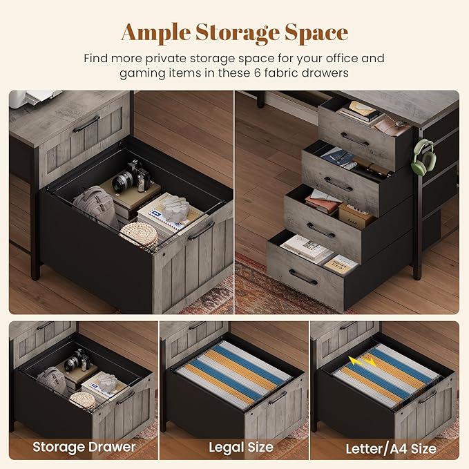 SEDETA Farmhouse L Shaped Office Desk with 6 Drawer, Reversible Computer Desk with Power Outlet, Hutch for Home Office/Two Person, Corner Desk with File Drawer & Printer Storage Shelves, Grey