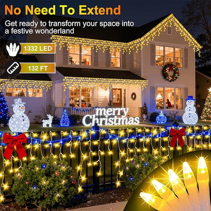 1332 LED 132FT Christmas Lights with 296 Drops, 12 Modes Dimmable Warm white Outdoor Hanging Lights with Timer Memory, Waterproof Curtain Lights for Home Bedroom Indoor Tree Window Roof Fence Wedding