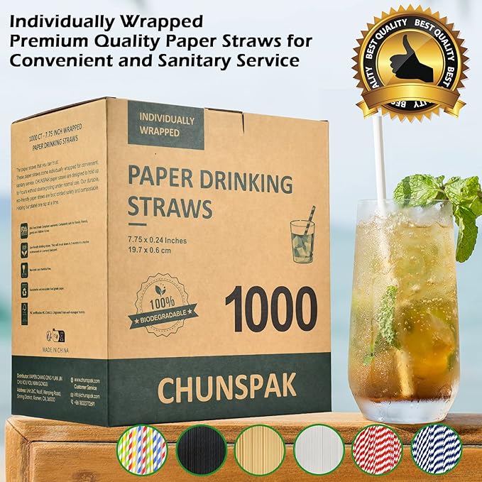 Black Paper Drinking Straws Bulk Individually Wrapped - 1000 Counts, 7.75" x0.24" - For Cocktail, Coffee, Bars and Restaurants